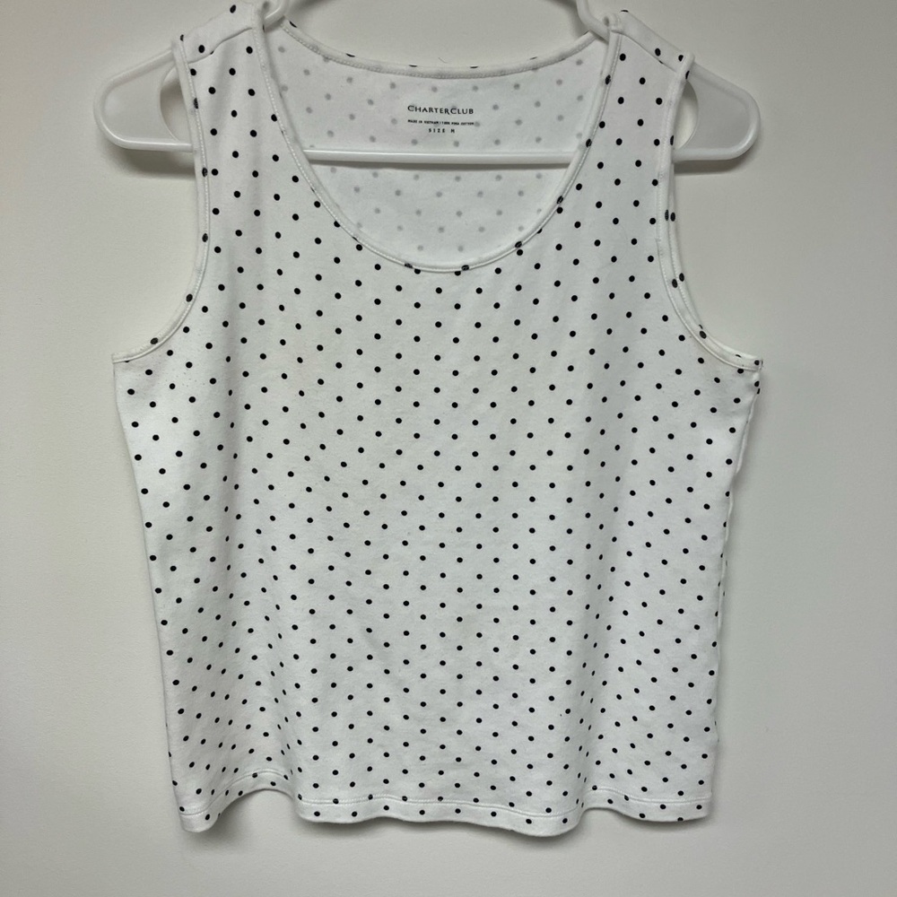 Charter Club Black Polka Dot Tank Top, M